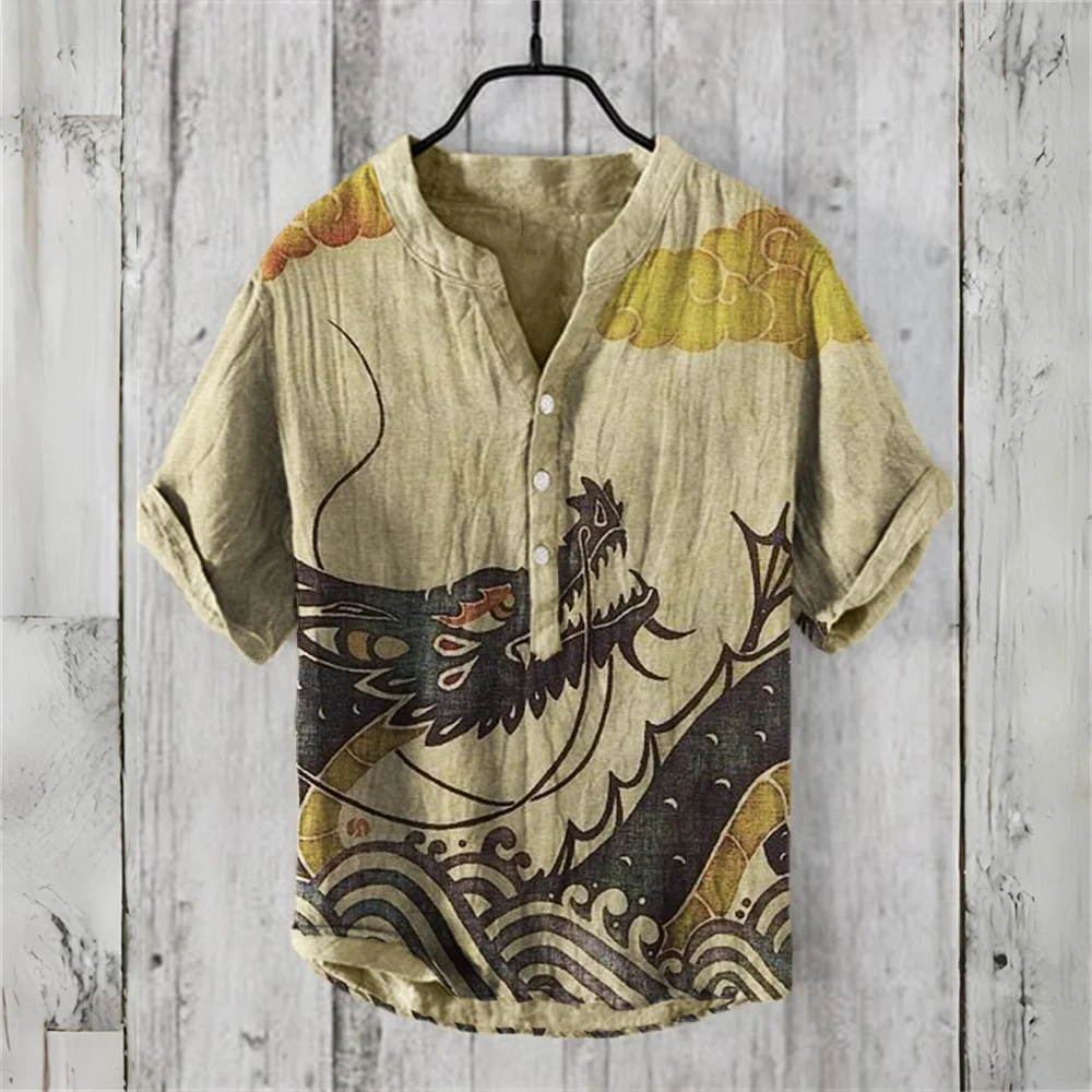 Men's short-sleeved POLO shirt imitation linen POLO shirt printed Chinese retro dragon ukiyo-e painted Hawaiian casual clothing