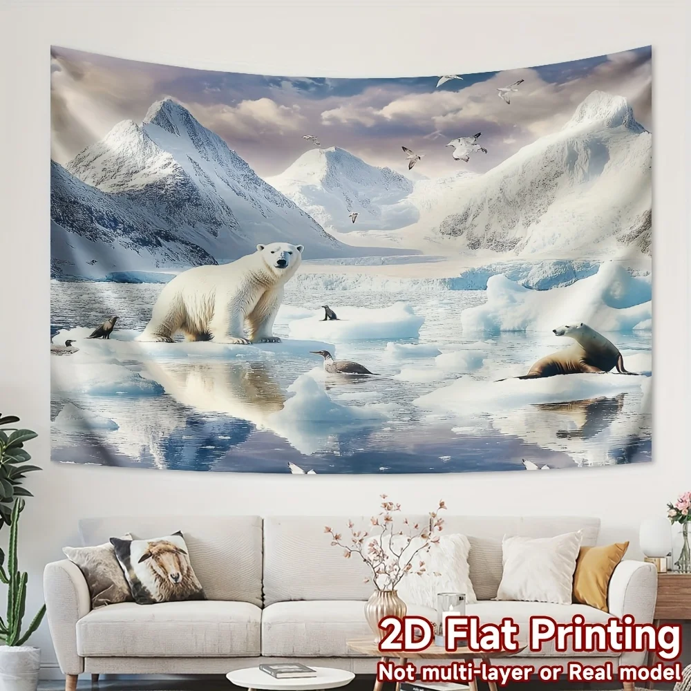 1pc Tapestry, 2D Flat Print Arctic Glacier Polar Bear Penguin Seal Snow Mountain Scenery Tapestry, Decor for Bedroom Living Room