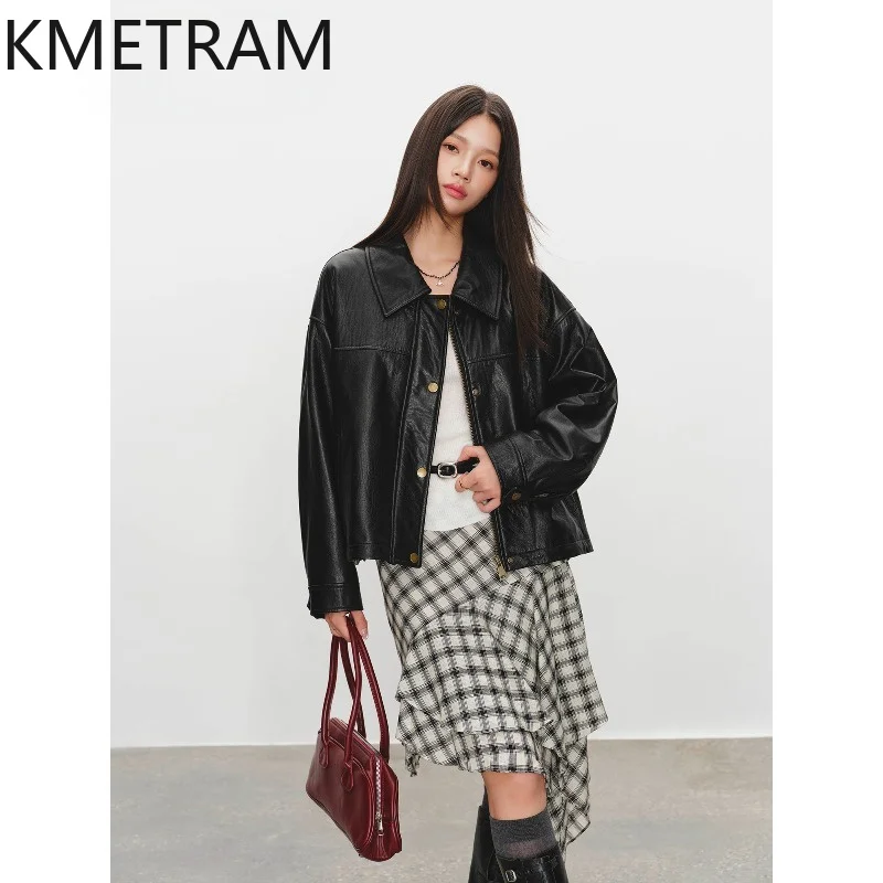 KMETRAM Genuine Leather Jacket Light Wax Vegetable Tanned Sheepskin Leather Coat Oversized Jacket of Woman Vintage Outerwear 자켓