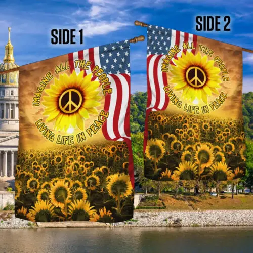 Peace Flag, Imagine All The People Living Life In Peace, Sunflower Garden Flag