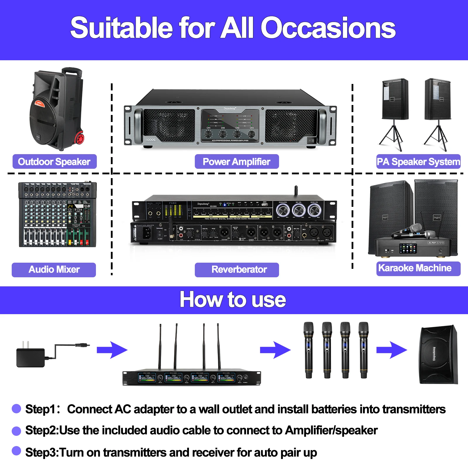 

D24 Professional UHF Wireless Mic 4 Channel Microphone Handheld System For Karaoke Singing