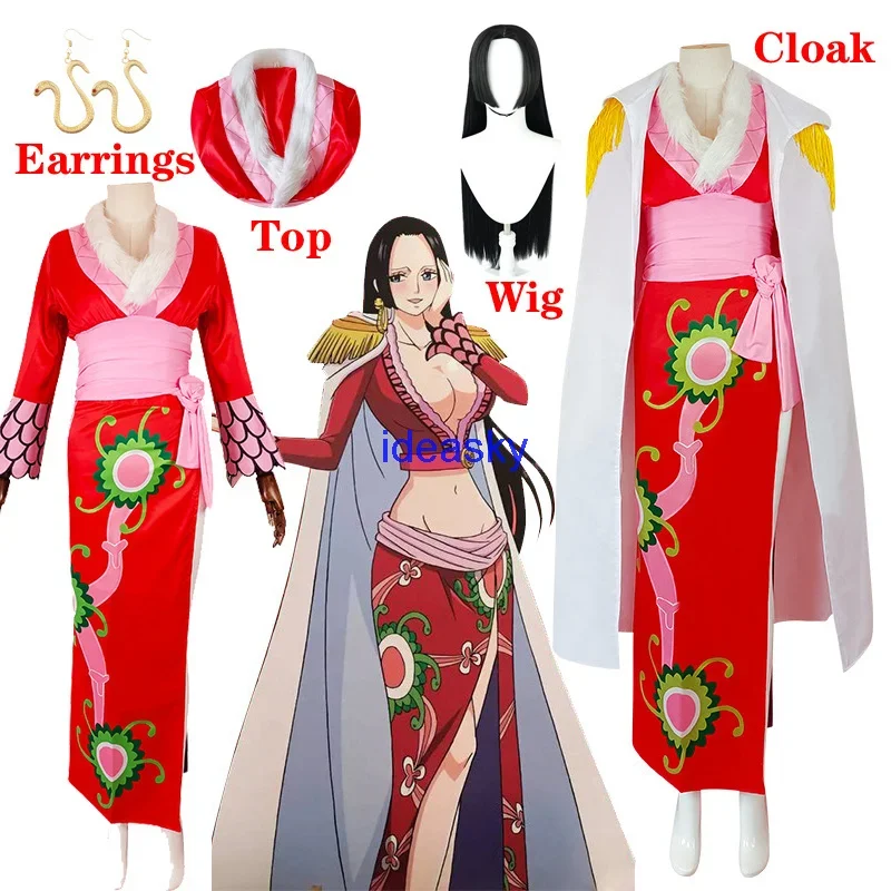 Anime Dong Hancock cosplay kostuums sexy imperium rode kimono jurk kleding pruik Halloween kostuums voor vrouwen mantel oorbellen oi32/8