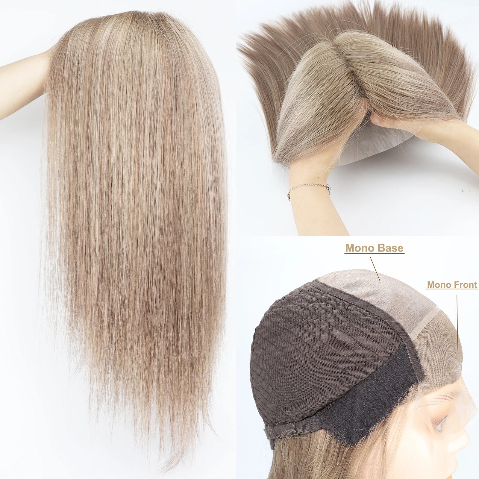 

#209B Mono Base Wig for Women 18inch Blonde Virgin European Human Hair Wig with Mono Front Silky Straight Summer Breathable Wig