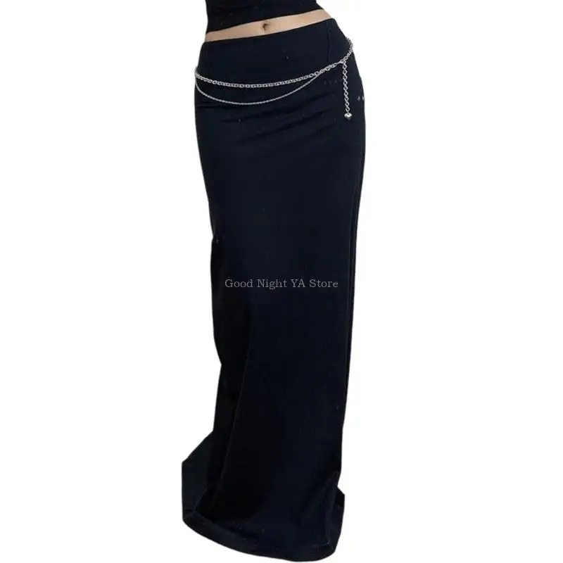 Women Stylish Long Skirt Fit Back Slit Polyester Fabric Elastic Waist Maxi Straight Skirt for Office Casual Setting