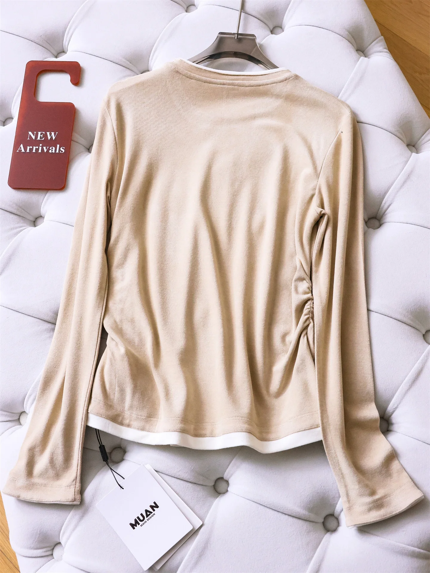 Comfortable Long Sleeve round Neck Base Shirt Women's T-shirt Color Block Fake Two-Piece Side Gathered Slimming Basic Style