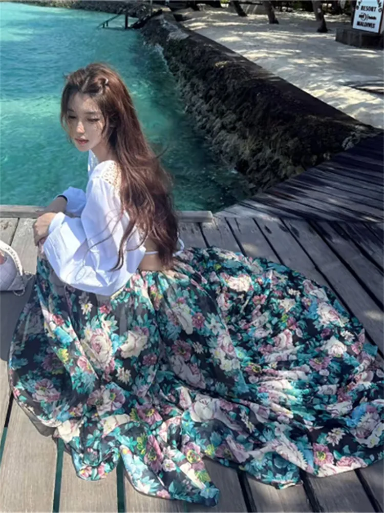 

Korean Style Pure Desire Fashion Set Women's White Top Beautiful Two-Piece Spring New Print Skirt High Waist Sun Protection