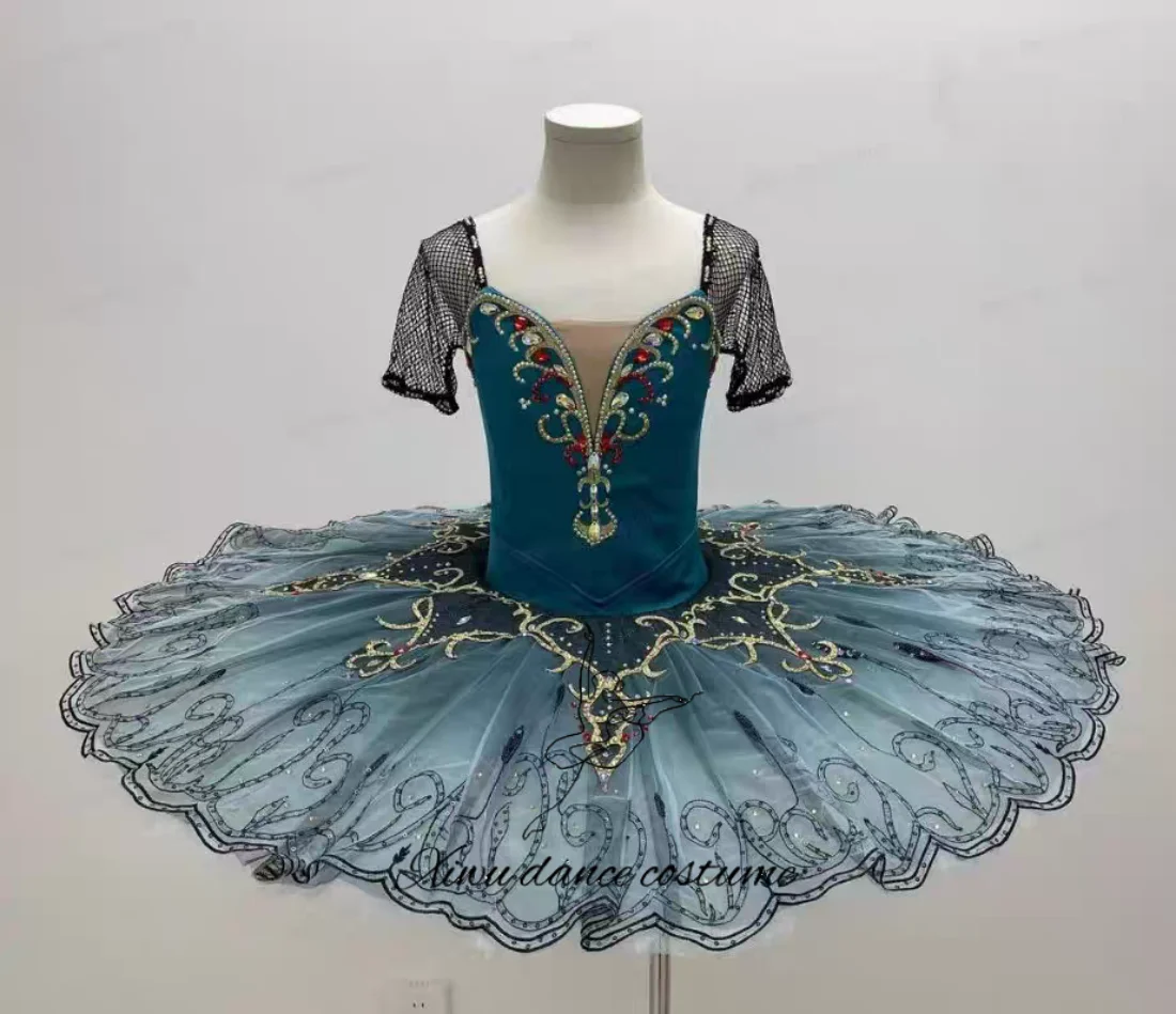 Adult Ballet Performance Costume Dark Emerald Green Bodysuit Gradient Blue Tutu Skirt
