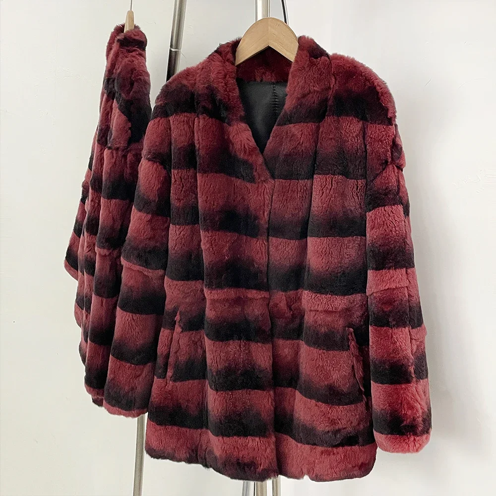 OFTBUY Neuer Lockerer Vintage Luxus Wintermantel für Damen Mittellanger Echter Kaninchenfell-Mantel Horizontal Gestreifter Pelz-Überziehmantel – Detail 6