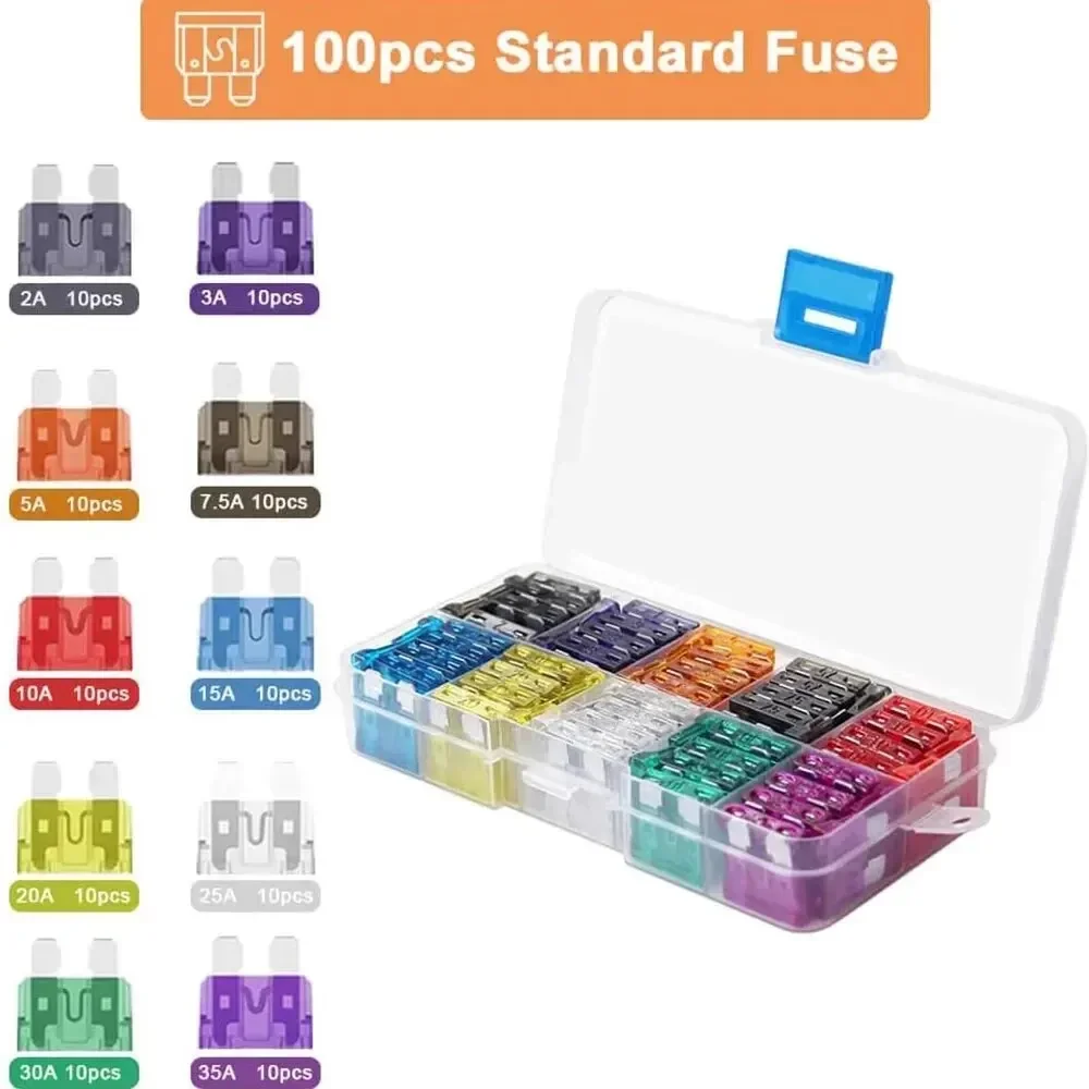 100pcs 2a-35a Medium Car Fuse 10 Specifications Igniter Headlight Air Conditioning Safety Tube Plug