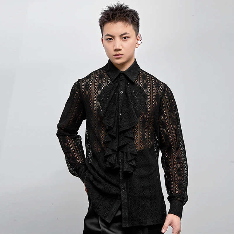 Professional Latin Dance Costume Male Lace Long Sleeve Shirt Ballroom Waltz Tango Performance Wear ChaCha Dance Tops DL10887