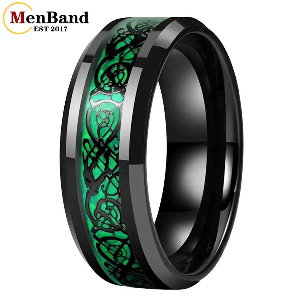 MenBand Fashion 8MM Mężczyźni Kobiety Obrączka ślubna z węglika wolframu z czarnym włóknem węglowym i czerwonym smokiem Wygodne dopasowanie Rozmiar 6-15