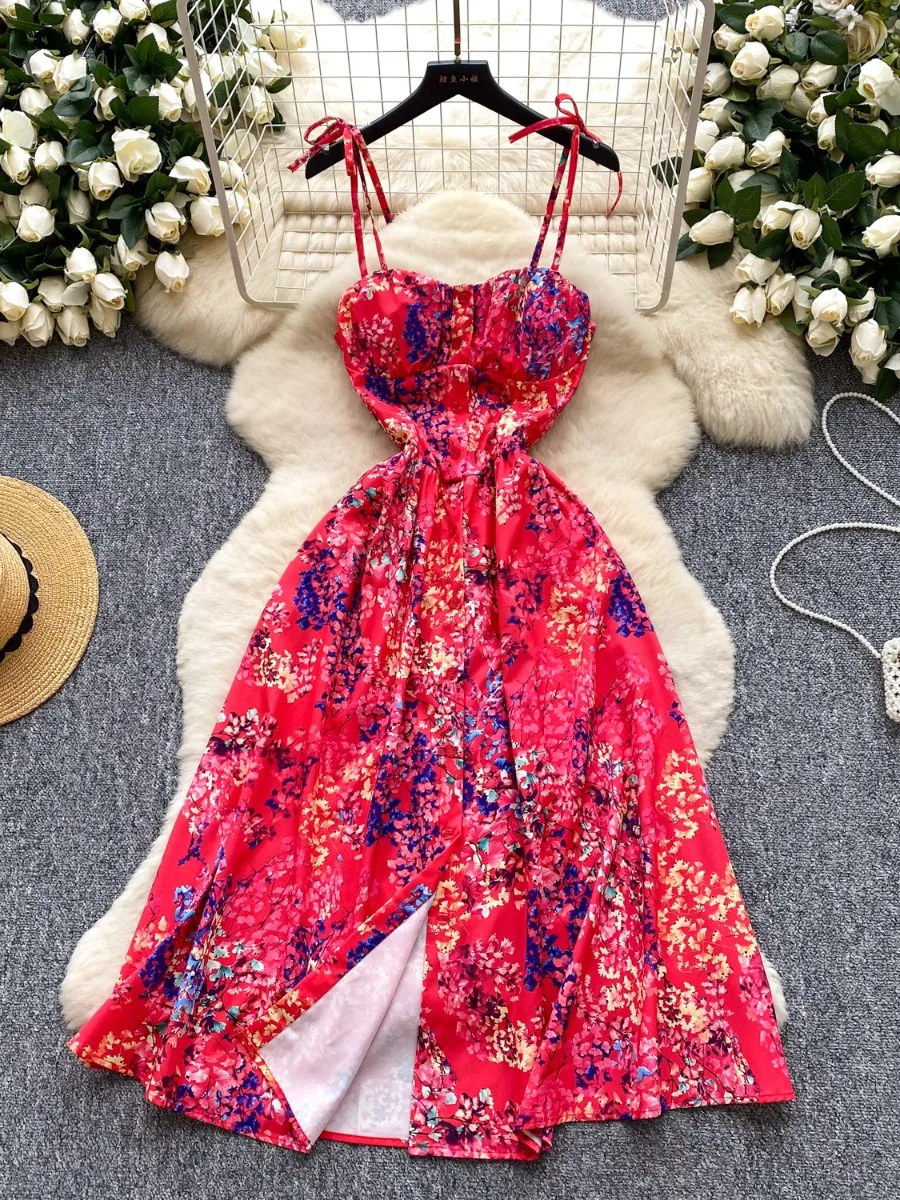 Foamlina Francuska Sukienka Midi Retro z Kwiatowym Nadrukiem, Wiązana na Szyi, Letnia, z Rozcięciem, Podkreślona w Talii, Dopasowana, Elegancka, Unikatowa