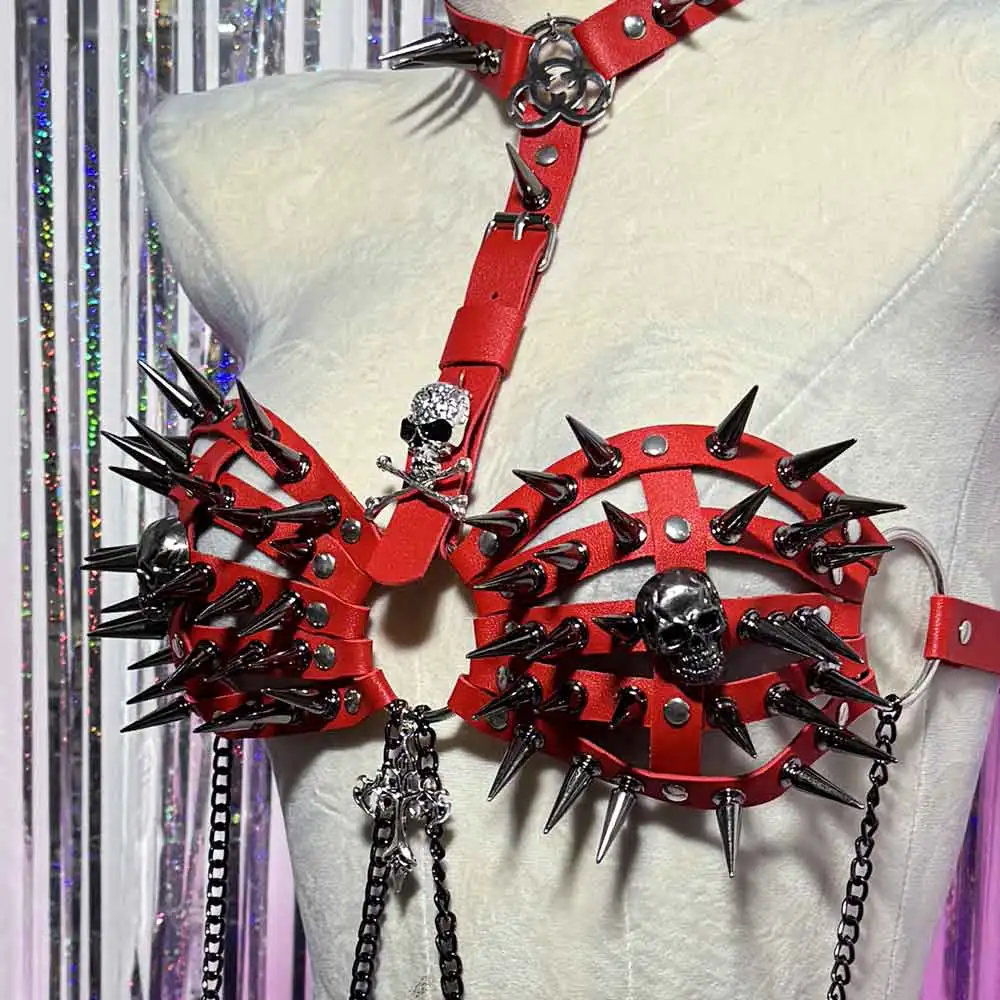 Red Gothic Emo Punk Woman Top with Spikes Goth Grunge PU Leather Tank Y2K Alternative Clothing  ALT Party Club Wear for Women