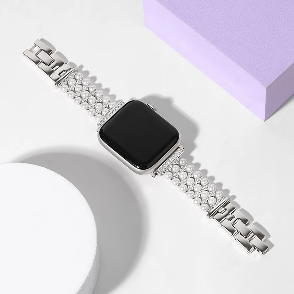 Pearl + Metal Strap for Apple Watch Ultra Band 876543SE Replacement Wristband for iWatch Series 49mm 45mm 41mm 44mm 40mm 42 38mm