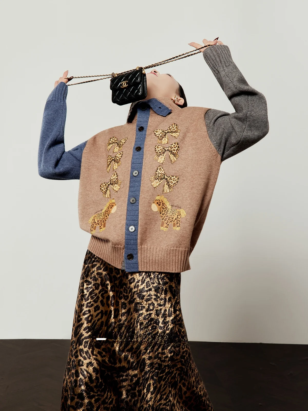 

Wild Sequence Leopard Print Knot Knitted Sweater Women's Spring New Loose Fit Open Cardigan Vintage Sle Long Sve