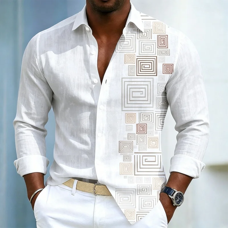 Men's shirt with geometric pattern print, men's long sleeved shirt, black slim fit shirt, fashionable design, men's clothing