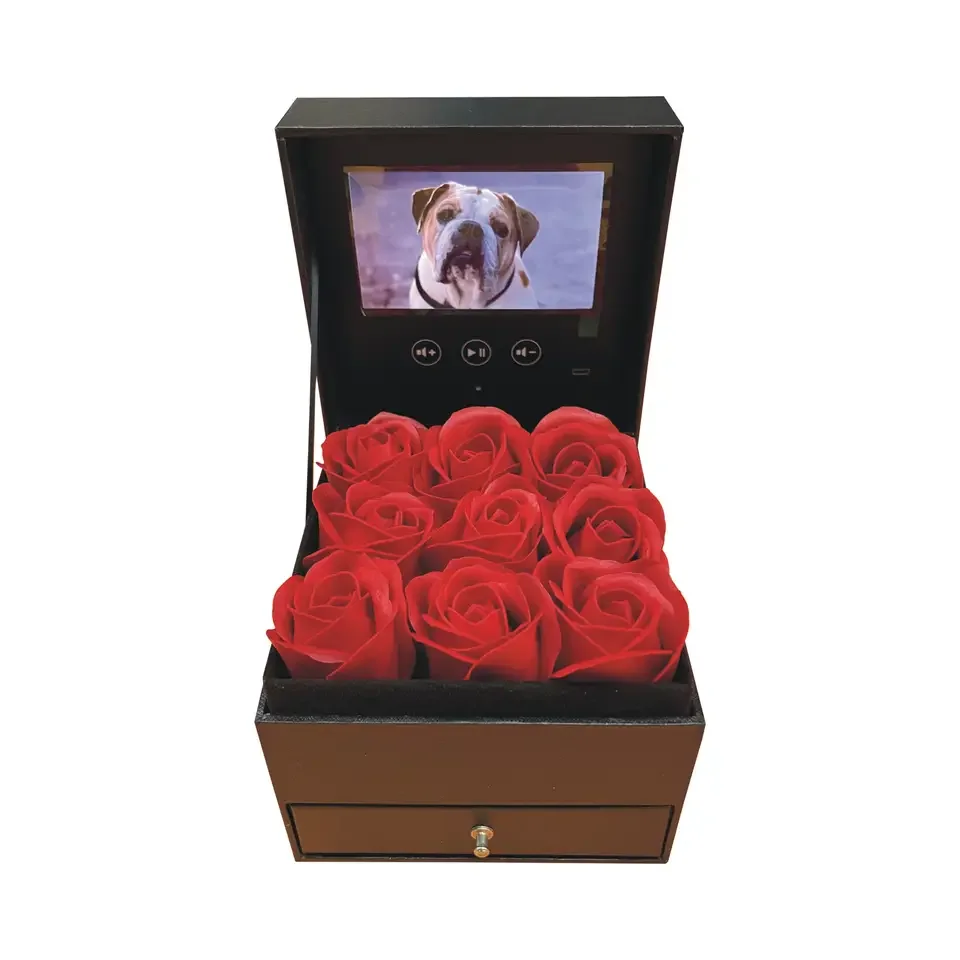 Luxury Video Flower Boxes Lcd Screen 5 Inch With 16 Pcs Roses Upload Personalised Video By USB Cable For Wedding Mother Day