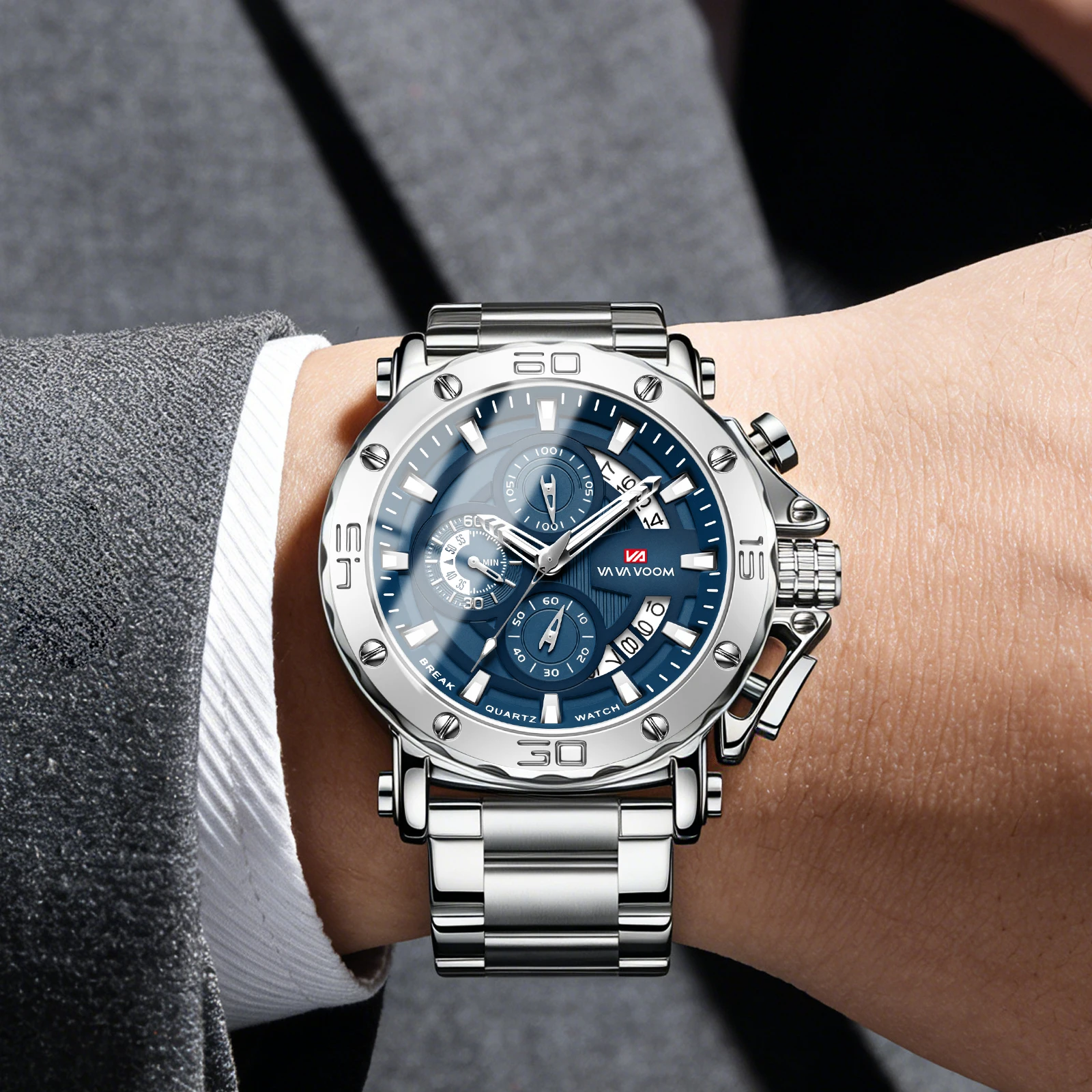 VA VA VOOM Blue 46mm Case Quartz Watch Men  Steel Multifunctional Watch 3Bar Waterproof Sports Enlarged Men's Timing AAA Watches