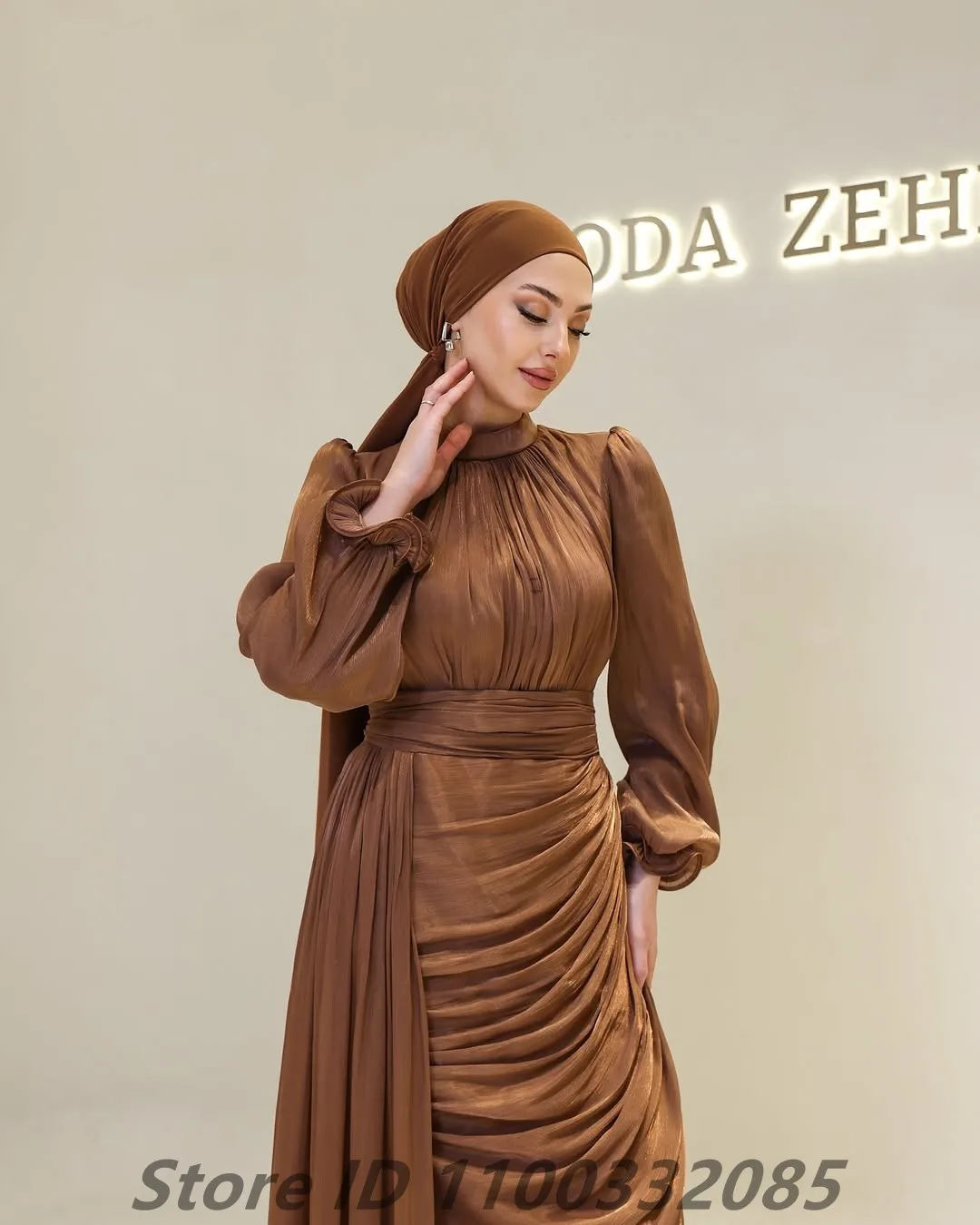 Eightale 2025 Brown Long Sleeve Evening Dress For Wedding Party Saudi Arabic Prom Dress Dubai Party Gown Customized