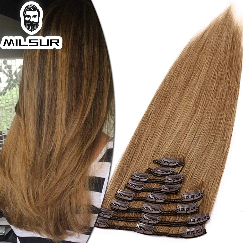 7Pcs Clip In Human Hair Extensions 100% Real Human Hair Clip In Natural Hair Extensions Straight Hairpieces T4/27 Color