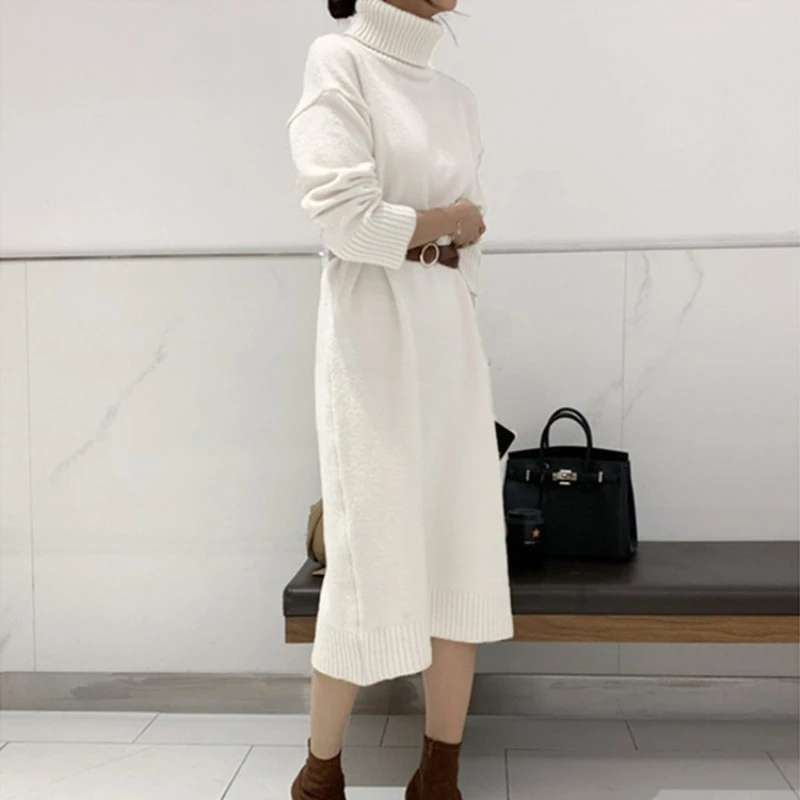 REALEFT خمر الكشمير الياقة المدورة المرأة محبوك فساتين طويلة 2025 جديد الخريف الشتاء كم طويل مستقيم فستان سترة فضفاضة #5