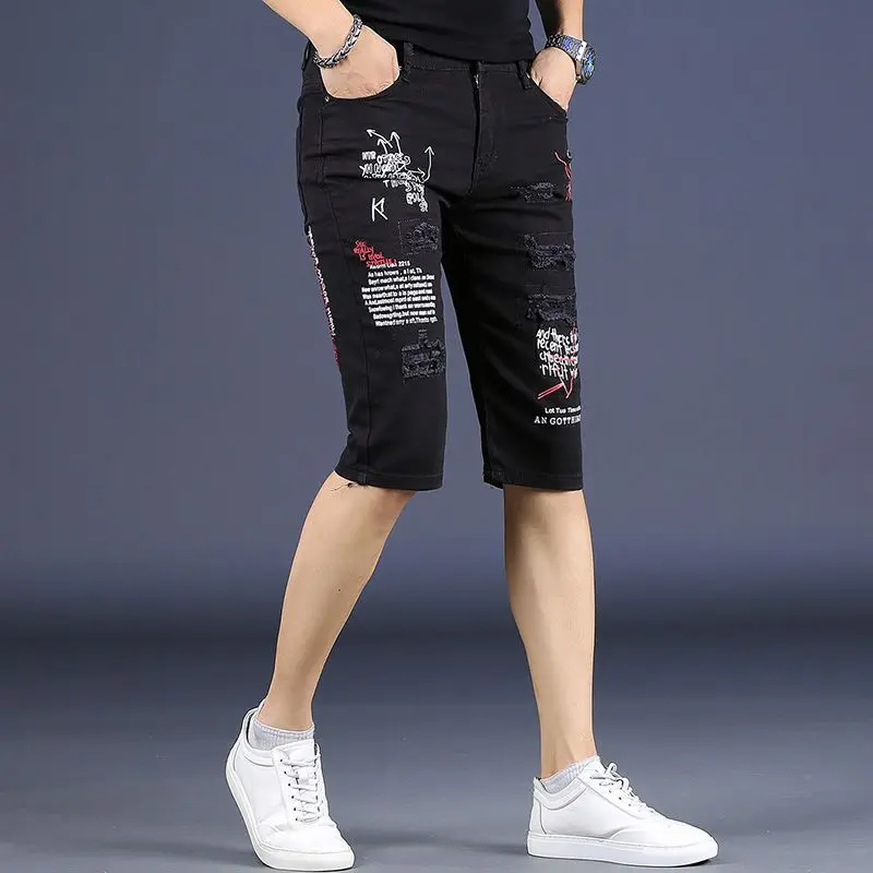 High-end Embroidered Denim Shorts Men's Summer Thin Korean Trendy Ripped Printed Slim-fit Half Pants Black Streetwear Short