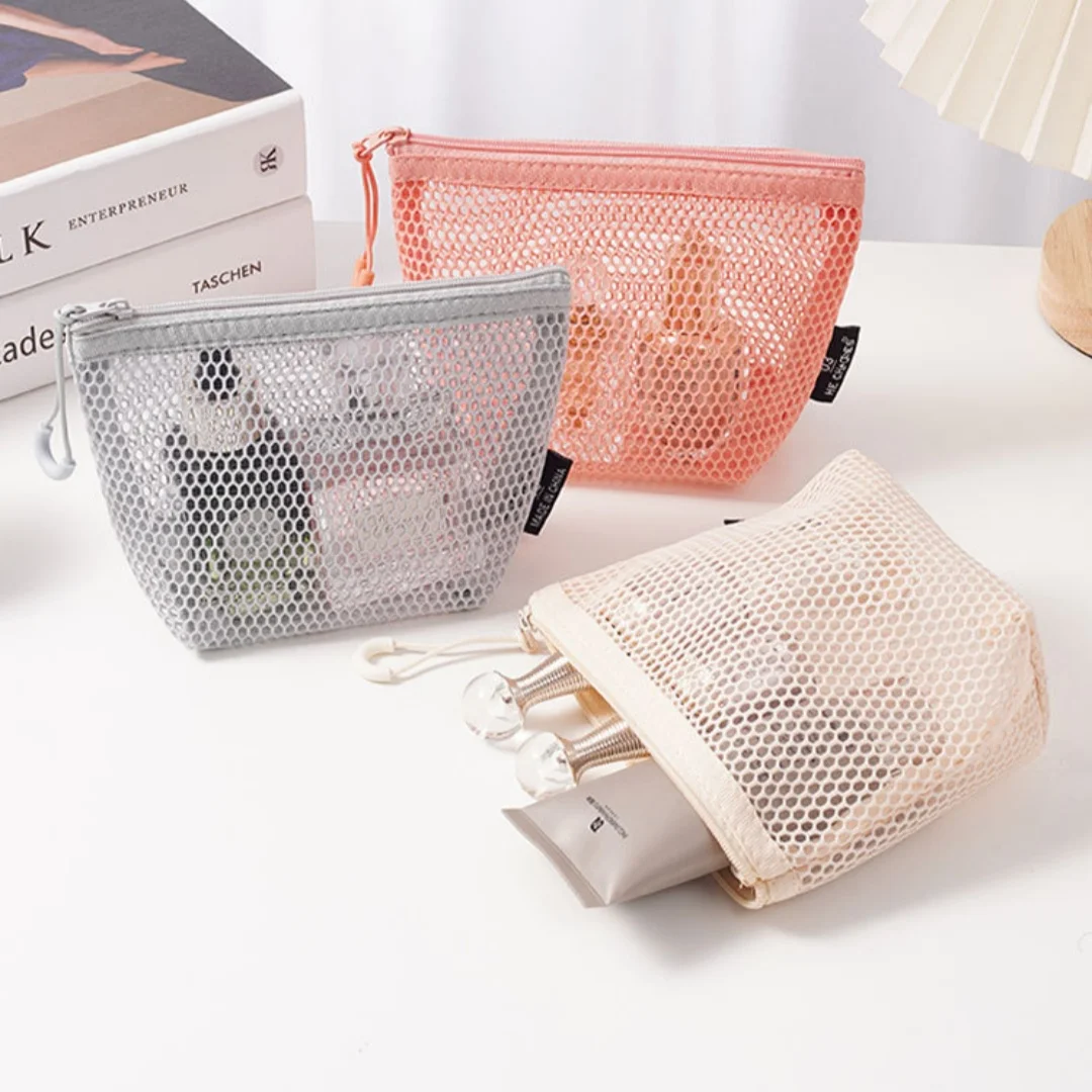 Breathable Mesh Cosmetic Bag Zipper Travel Toiletry Case Minimalist Organizer Nylon Mesh Portable Wash Pouch For Makeup Tools