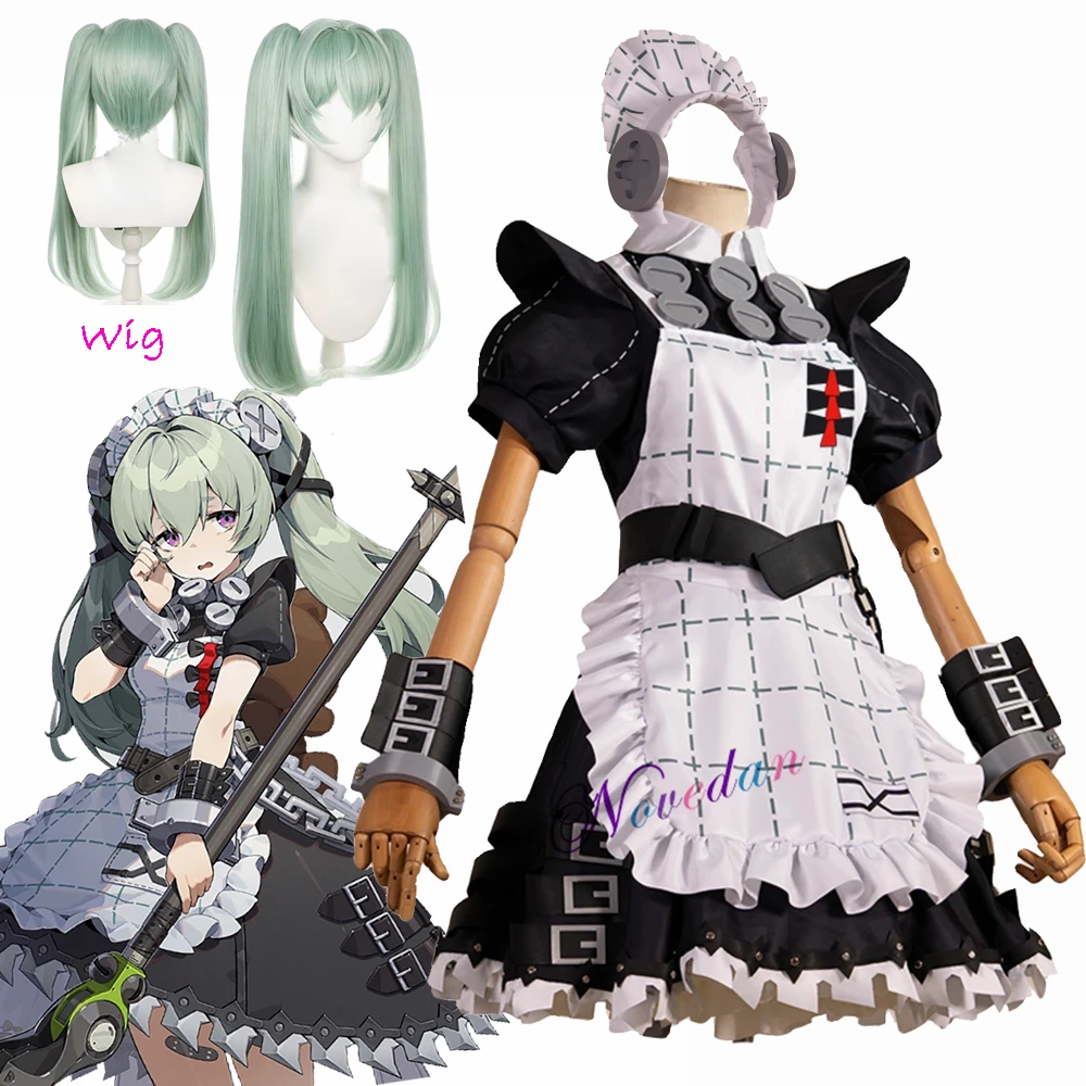 

ZZZ Corin Wickes Cosplay Costume Wig Game Zenless Zone Zero Cosplay Dress Gothic Maid Outfit Green Ponytail Hair Apron Full Set