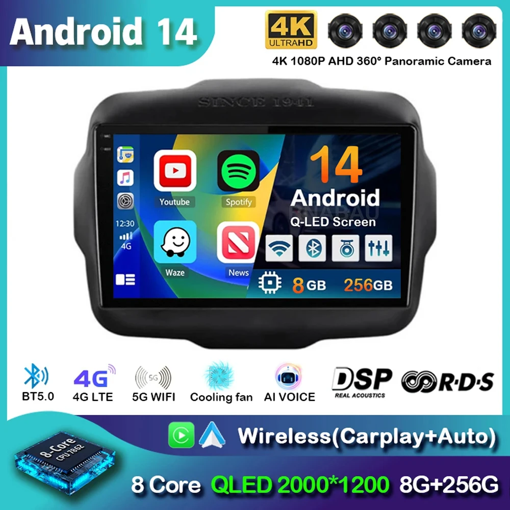 

Android 14 Carplay Auto Car Radio For Jeep Renegade 2016-2020 GPS Navigation Multimedia Video Player Autoradio Stereo WIFI+4G BT