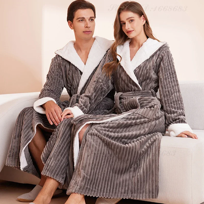 Thicken Warm Hooded Robe Home Dress Autumn Winter New Patchwork Flannel Couple Long Bathrobe Sleepwear Coral Fleece Lounge Wear