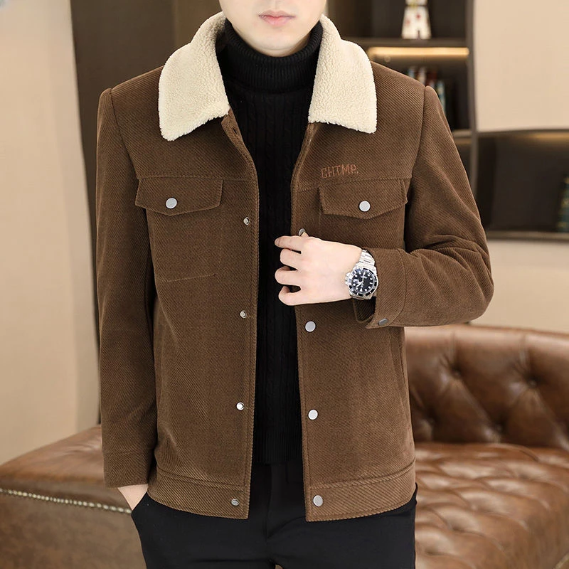 Jacket Solid Color Polo Collar Outwear Winter New Men Thicken Lamb Fur Warm Short Woolen Coat Male Fashion Casual Large Size