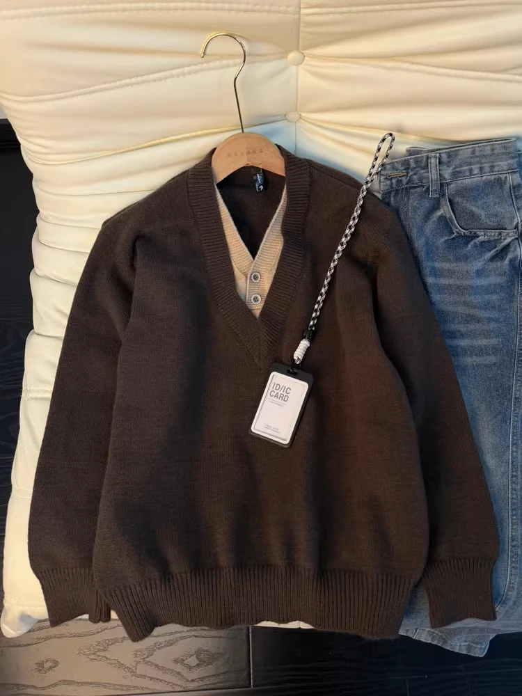 

Retro American Coffee Color V-ne Knitwear Men's Autumn Winter Lazy Sle Inner Match Base irt Casual Sle Loose Fit