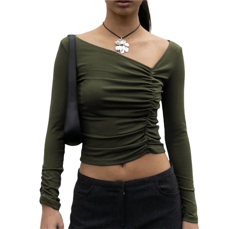 

Asymmetrical Shoulder Tops Clothes 2000s Crop Top Women Long Sleeve Ruched Tshirts Basic Clothing Casual Tees Y2k Streetwear