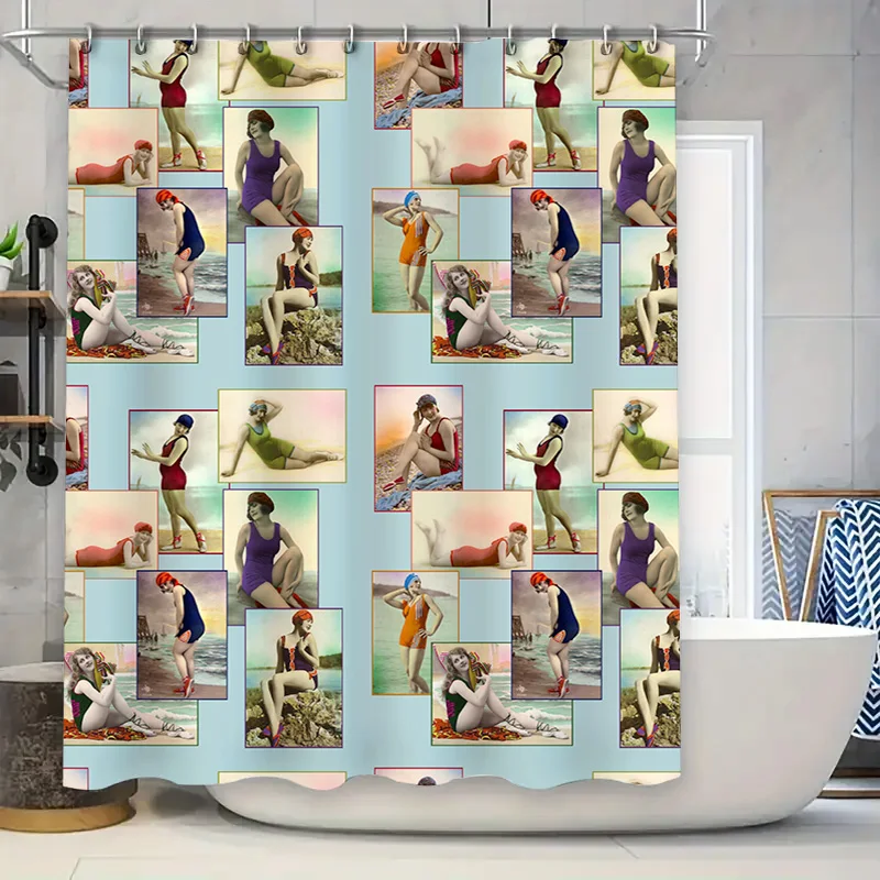 Women's Vintage Swimwear Shower Curtain with Bath Decor featuring stylish swimsuits from different eras perfect for adding a tou