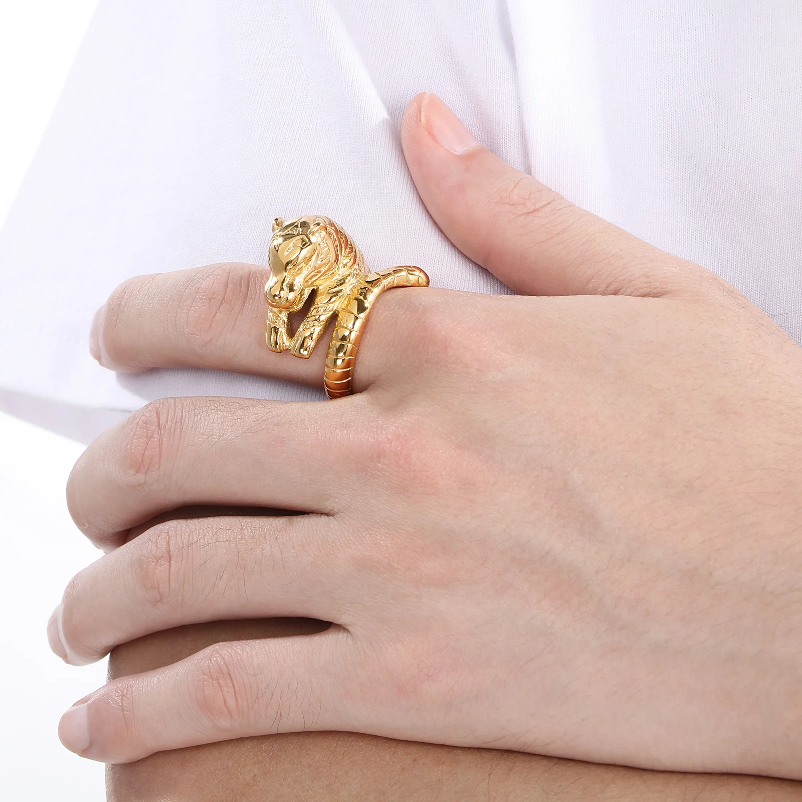 Fongten Cute Tiger Cuff Ring Stainless Steel Men's Finger Decoration Fashion New Animal Accessories Lightweight Luxury Jewelry