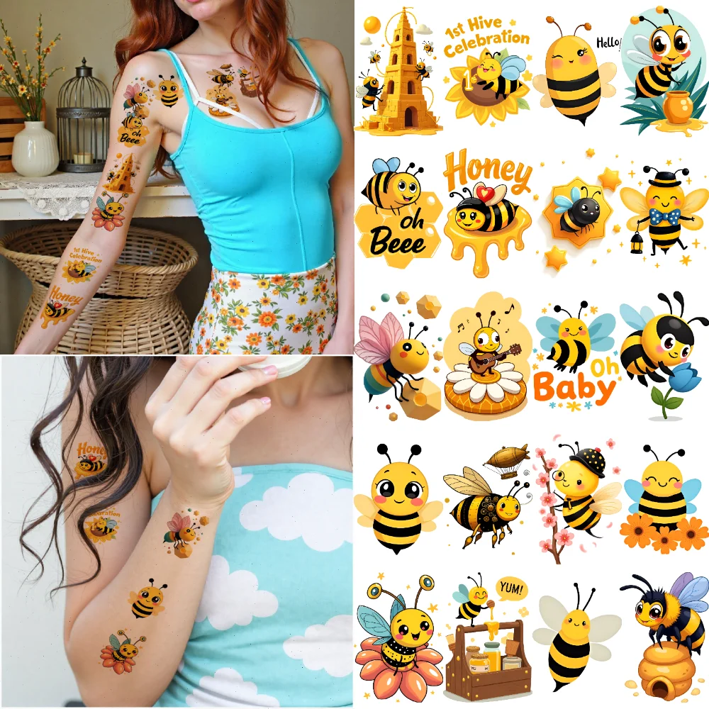 

63pcs Temporary Tattoo Bee Stickers Cartoon Cute Designs Waterproof Long-lasting Body Stickers For Arms