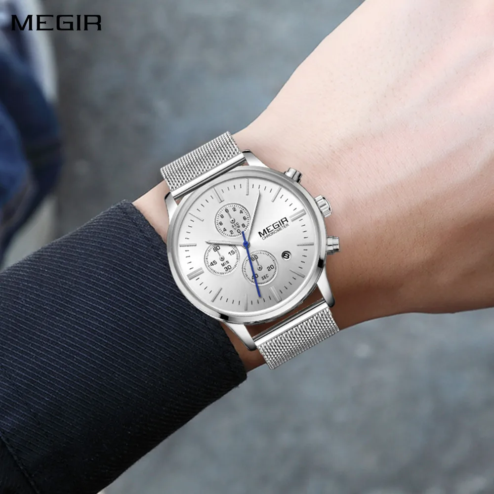 

MEGIR Quartz Watch for Men Stainless Steel Wristwatch Luxury Business Clock Waterproof Luminous Date Chronograph with Box 2011