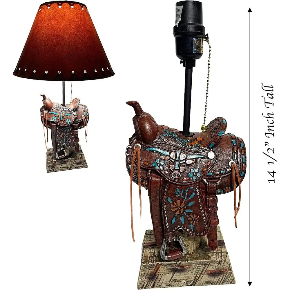 Western Brown and Teal Longhorn Cowboy-Style Home Decor Table Lamp for Living Room, Nightstands, and Bedrooms view 4