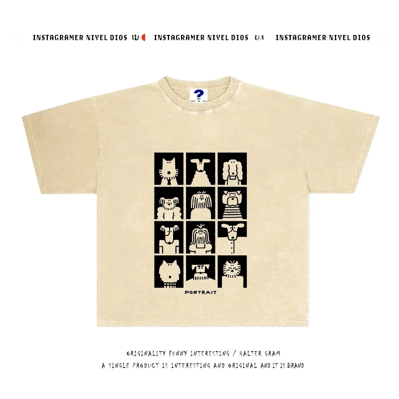 

Heavyweight 250g Cartoon Illustration Artistic ort Sve T-irt Versatile Couple Matching Breathable Cotton Summer Top