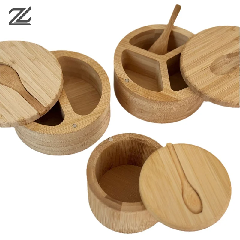 

Salt Seasoning Jars Pepper Jar Bamboo Condiment Box Bowl Storage Pot Set Wood Sugar Container Holder Lid Function Multi Bowls