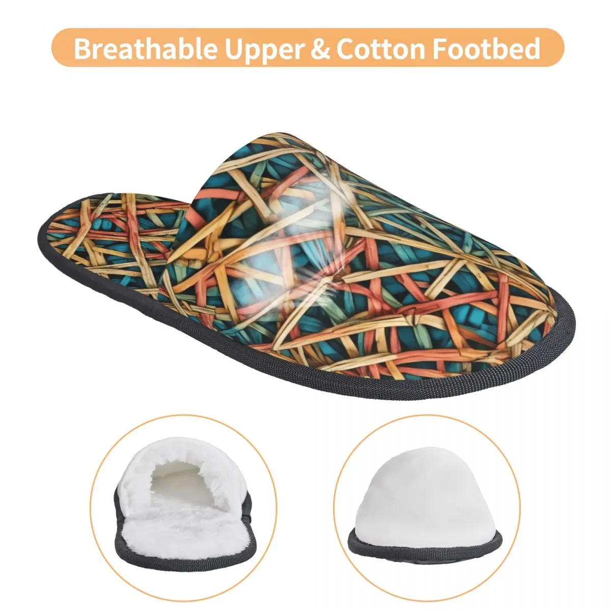 Custom Colorful Straw Weave Pattern Memory Foam Slippers Women Comfy Warm Bohemian House Slippers