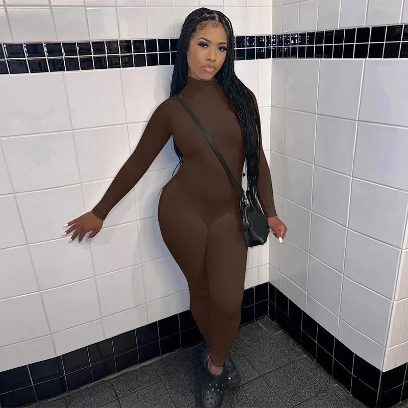 YUZHEXI 2024 Zipper Fleece Cozy Jumpsuit Women Casual Street Bodycon Full Sleeve Chocolate Overalls One-piece Gym Outfit