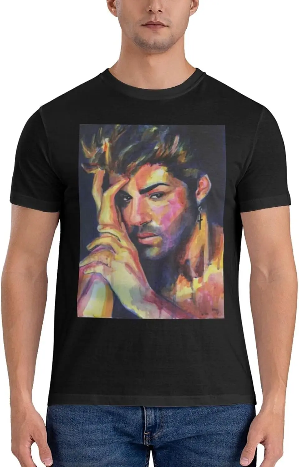 T-Shirt à Manches Courtes et Col Ras du Cou pour Homme, Estival et Décontracté, en Coton, Noir, avec George Music Michael