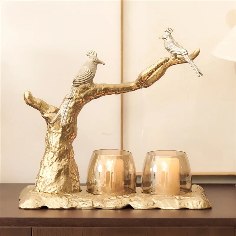 Indian craft aluminum bird embellishment gold branch glass candlestick ornament, high-end exquisite candle cup ornament