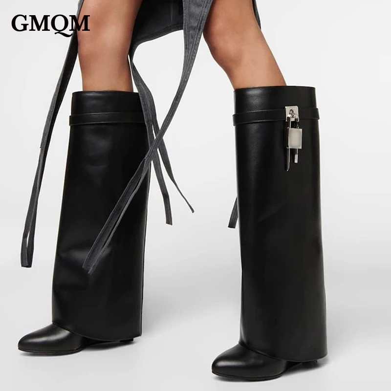 Wogq Luxury New Knee High Women\'s Boots Shark Lock Metalic Genuine Leather Long Thick Soled High-heeled Designer Shoes Silvery