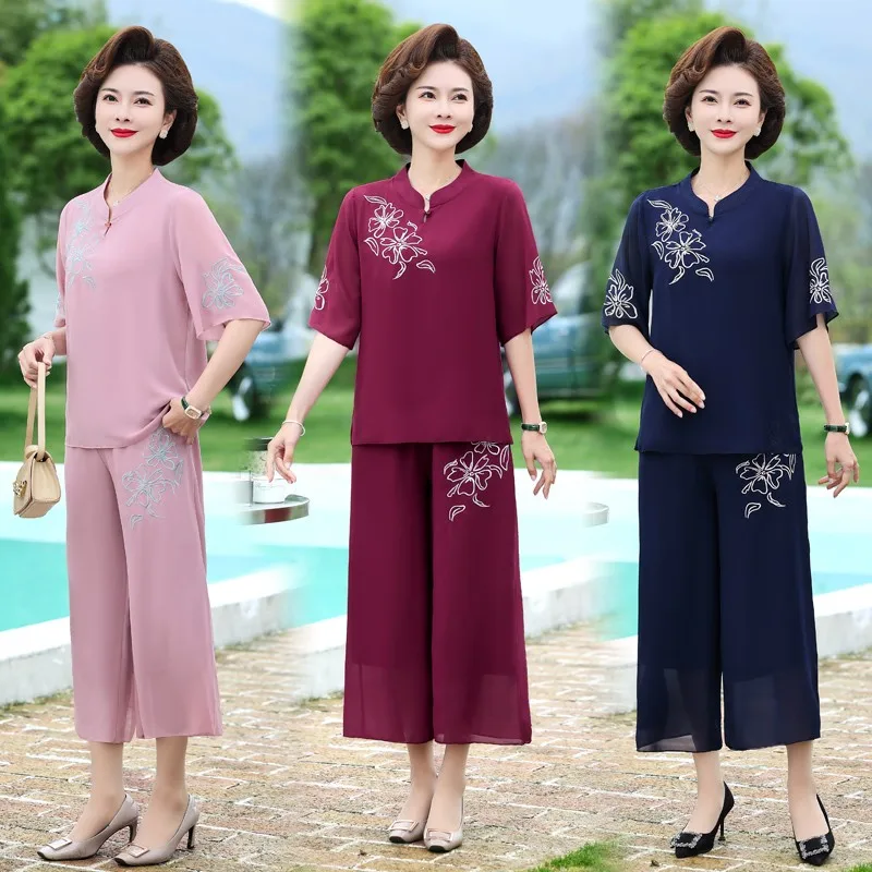 Retro Mother Summer Chiffon embroidery Top Skirt Pants Suit Short-Sleeved Middle-Aged and Elderly Women Two-Piece Sets Women