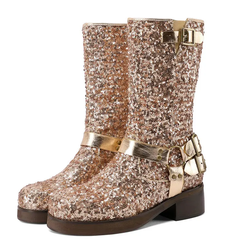 

Зимняя женская обувь с блестками золотого, серебряного цвета и блестками, блестящие мотоциклетные ботинки для широких икр, готические ботинки на массивном низком каблуке