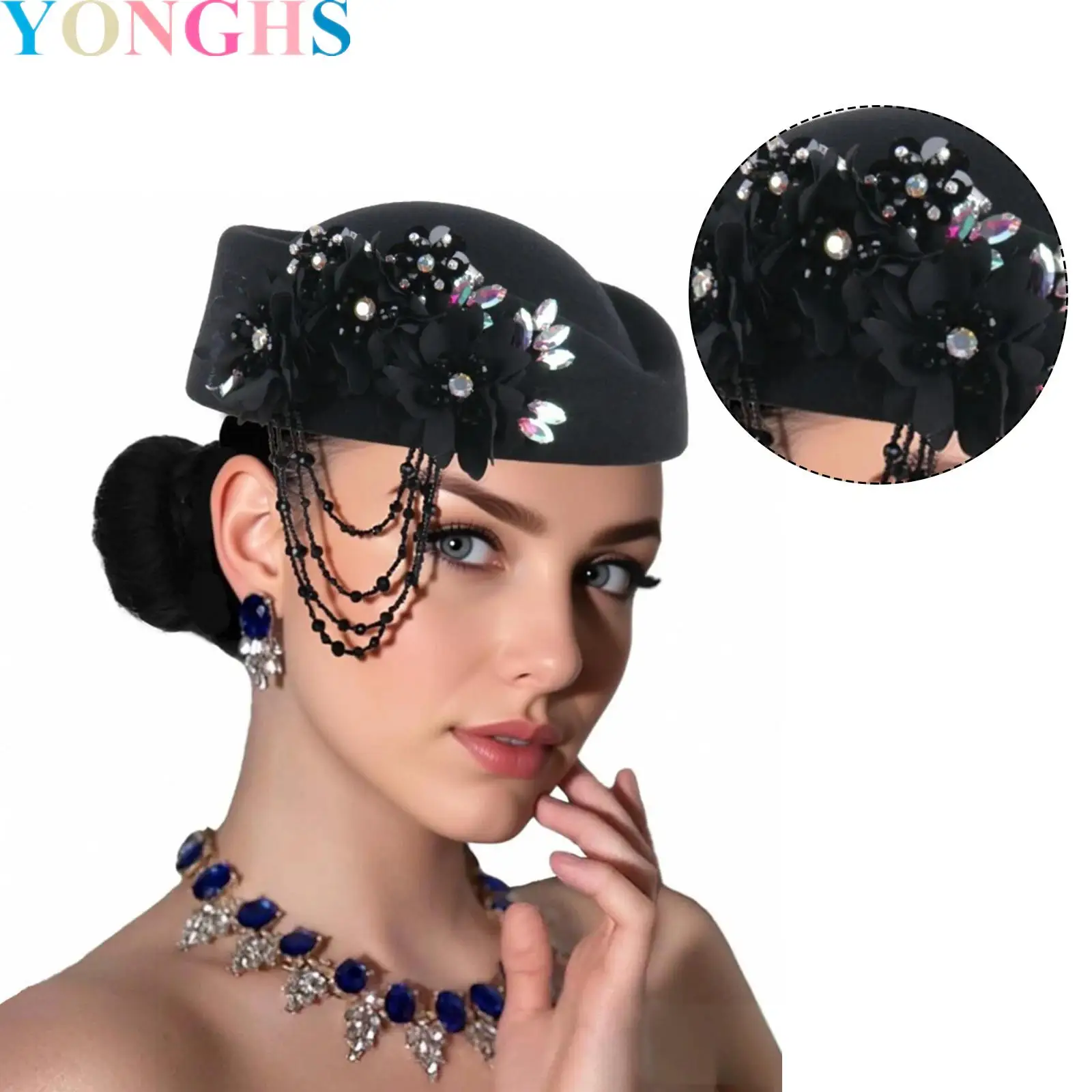 

Women Rhinestone Floral Hat Retro Beret Hats for Women Felt Church Derby Headdress Suitable for Wedding Parties Events