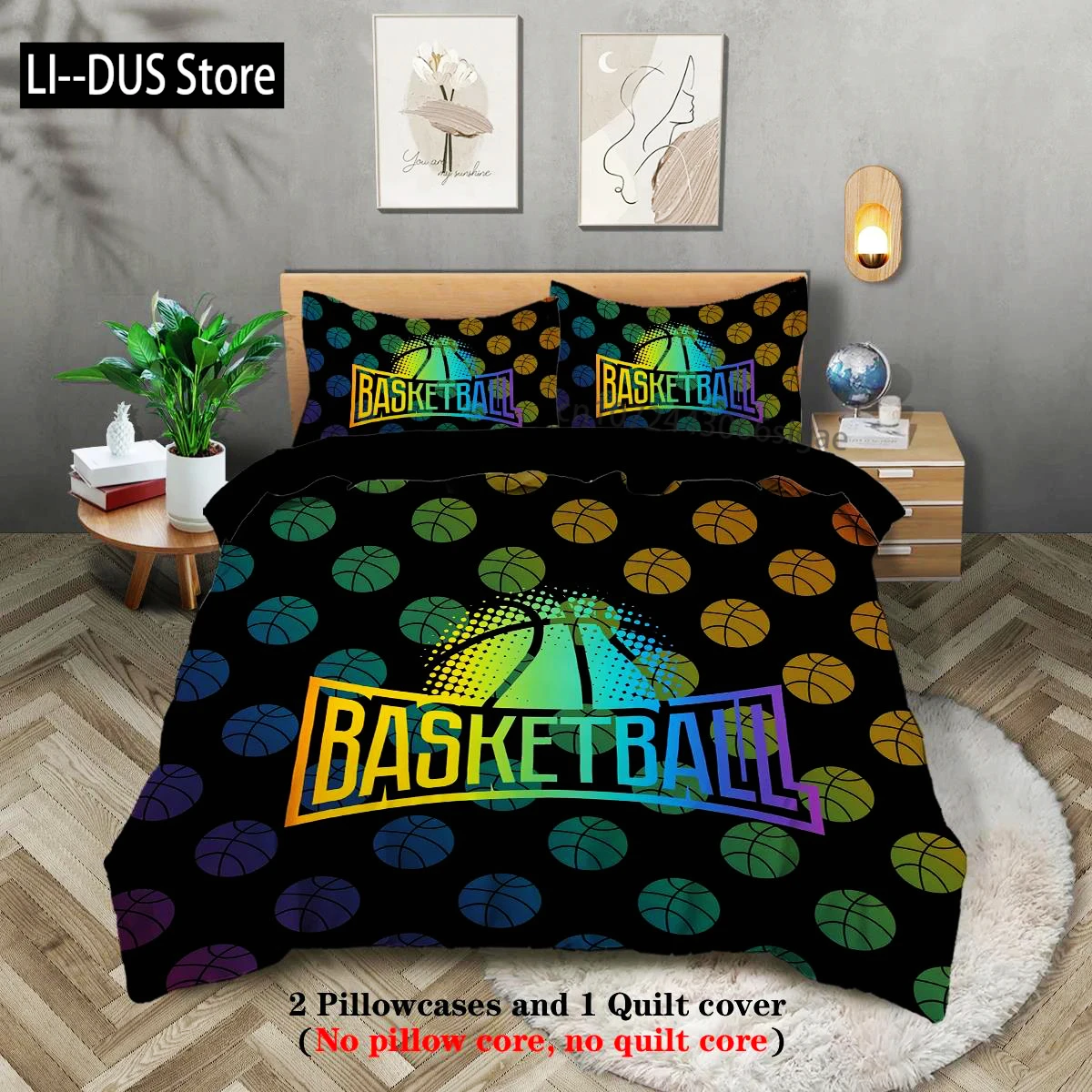 

3-Pcs Bedding Set Colorful Basketball Pattern Printed Duvet Set Queen King Double Bed Party Funny And Creative Bedding Set
