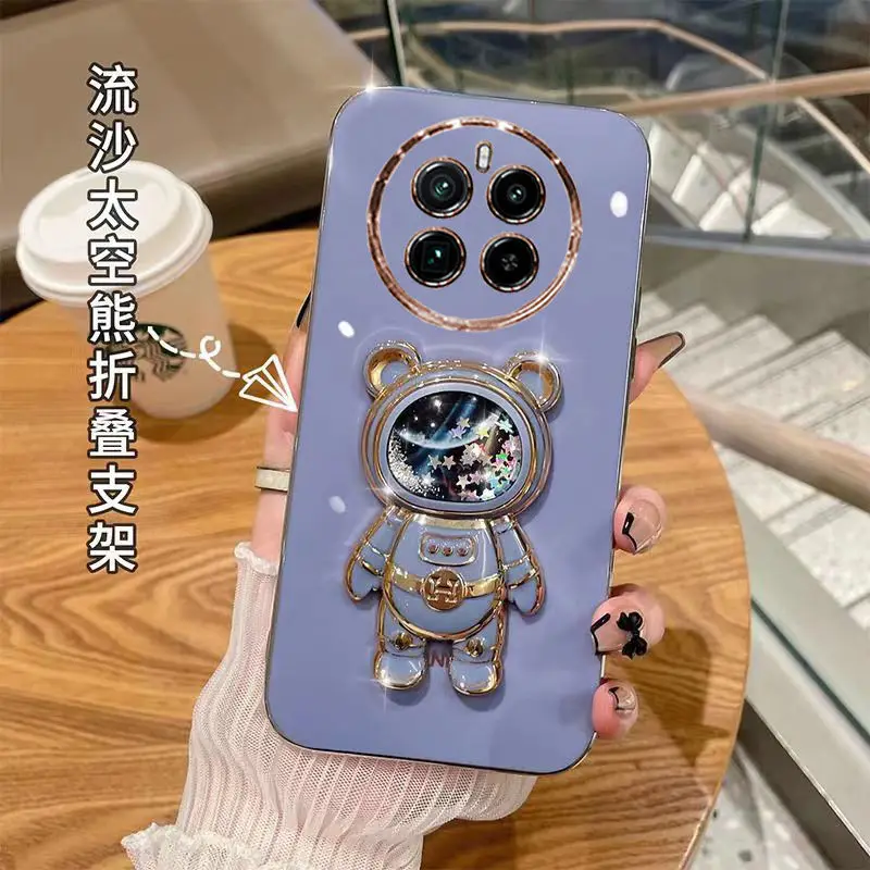 For Realme 12 Pro Plus Astronaut Quicksand Holder Phone Case For OPPO Realme 12 Pro+ 11 Pro Plating Stand Soft Silicone Cover